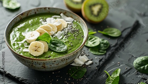 Green smoothie bowl with spinach bananas kiwi and coconut on slate