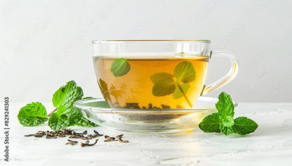 Green tea and mint in a white cup Green tea and mint in a white cup