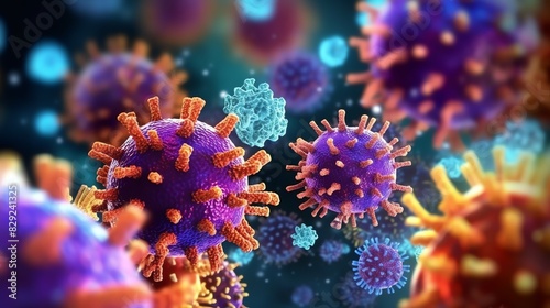 3D render of a medical with virus cells bacteria. Multiple realistic coronavirus particles floating
