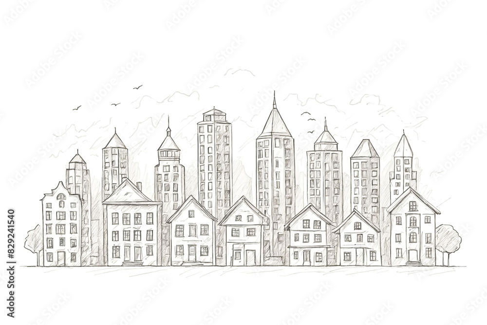 Fototapeta premium Hand-Drawn Sketch of a Cityscape with Buildings and Clouds