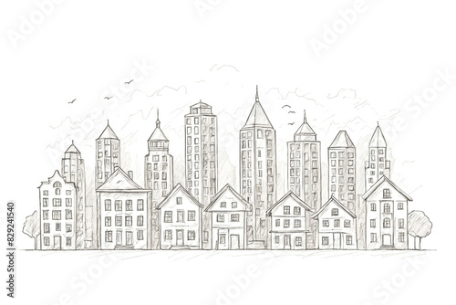 Hand-Drawn Sketch of a Cityscape with Buildings and Clouds