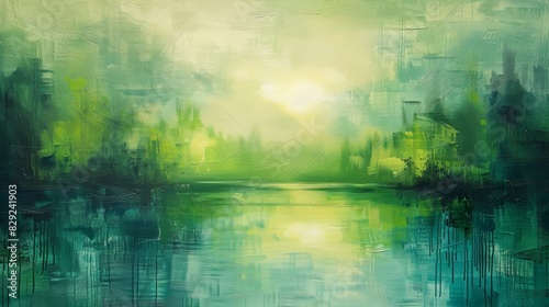 Abstract landscape art in tranquil green hues, depicting a serene lake surrounded by lush trees under a soft, glowing sky.