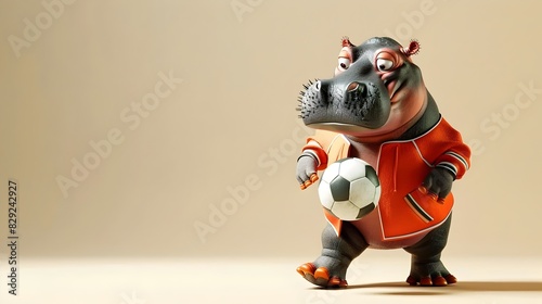 Hippo in Sports Clothes Playing Football on Sage Background