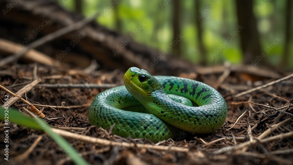 Obraz premium portrait of a green snake guarding its eggs