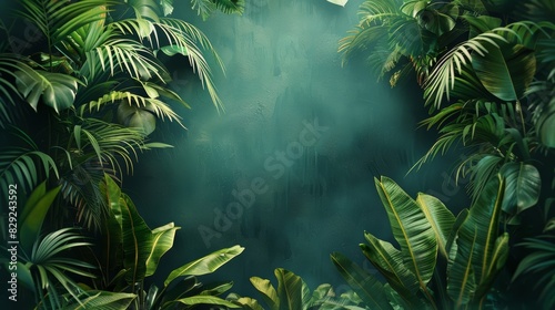 Lush tropical rainforest foliage forms a natural green frame around an empty center, creating a vibrant and serene nature background.