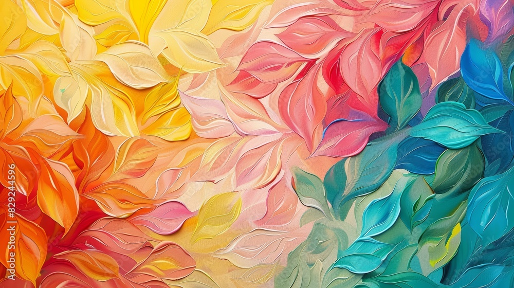 Vibrant abstract art with colorful leaves in yellow, pink, red, and blue hues, creating an energetic and lively composition for creative projects.