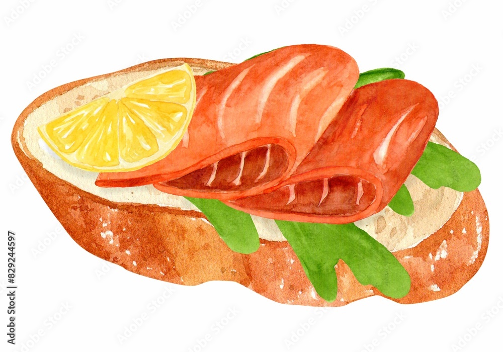 Sandwich with fish, lemon and herbs. Cooking breakfast, lunch, dinner. Hand drawn watercolor illustration isolated on white background. Template for design Sandwich with fish, lemon and herbs. Cooking breakfast, lunch, dinner. Hand drawn watercolor illustration isolated on white background. Template for design