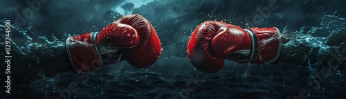 Two red boxing gloves clashing against each other in a dramatic, energetic scene with water splashes and dark, stormy background.
