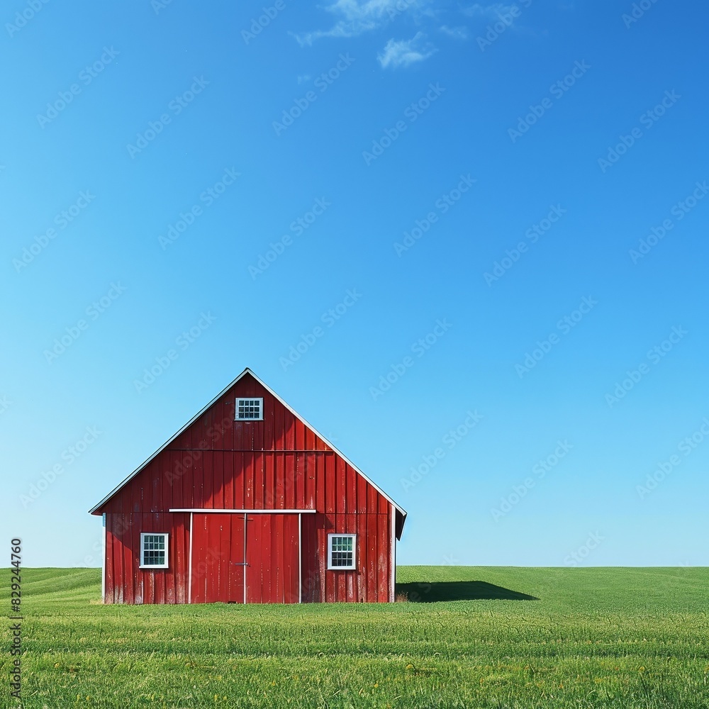 A solitary red barn stands prominently in the middle of a green field under a clear blue sky on a sunny day. A solitary red barn stands prominently in the middle of a green field under a clear blue sky on a sunny day.