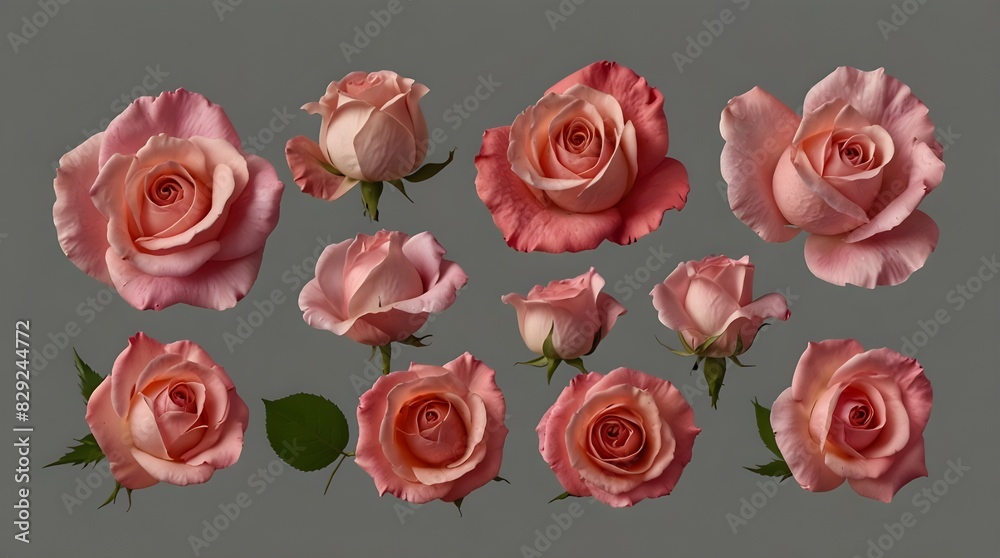 Set of pink rose flowers petals isolated on transparent background.