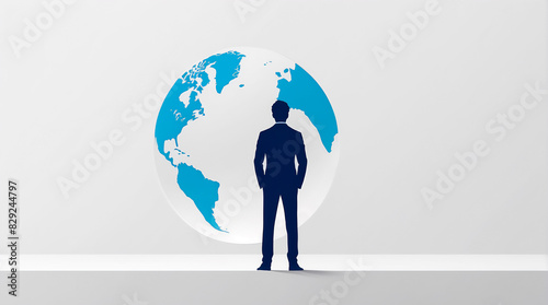 A silhouette of an individual standing in front of a large globe. Global business, international relations, and environmental awareness. © ipolstock