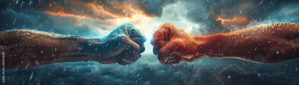 Fototapeta premium Two hands in a powerful fist-bump gesture with dramatic lighting and contrasting blue and orange colors, symbolizing unity and strength.