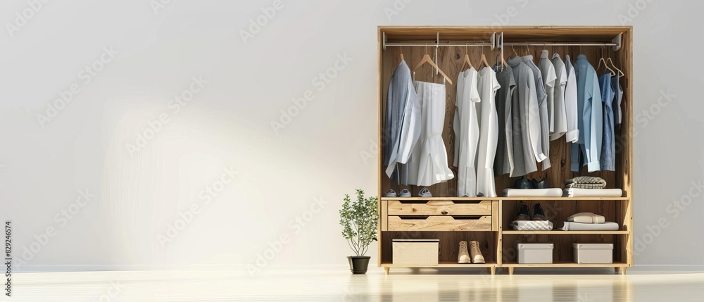 Modern wardrobe with hanging clothes, drawers, and shelves in a minimalist room with a small plant for a clean, organized look. Modern wardrobe with hanging clothes, drawers, and shelves in a minimalist room with a small plant for a clean, organized look.
