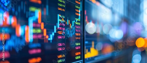 Close-up of a colorful stock market display showing data and graphs, representing financial trading and investment trends. photo