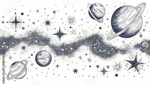 Hand-drawn space illustration depicting planets, stars, and galaxies in a whimsical black and white style.