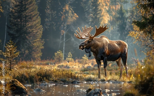 Majestic moose standing by a tranquil forest stream with sunlight filtering through the trees on a serene autumn day. © Puttharak