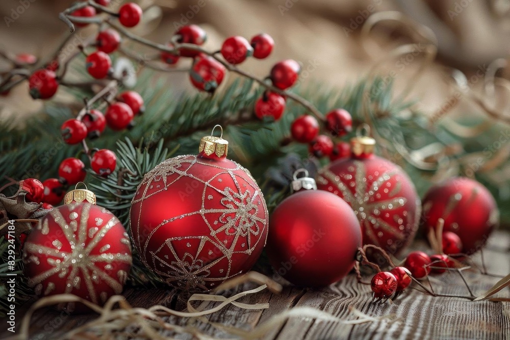 Festive red Christmas ornaments with evergreen branches and berries on a wooden table. Perfect for holiday-themed designs and decorations. Festive red Christmas ornaments with evergreen branches and berries on a wooden table. Perfect for holiday-themed designs and decorations.