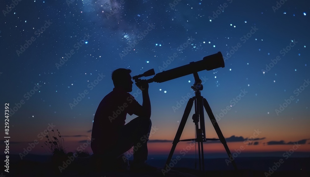Silhouette of a man observing the night sky with a telescope against a starry backdrop, emphasizing cosmic exploration and stargazing.