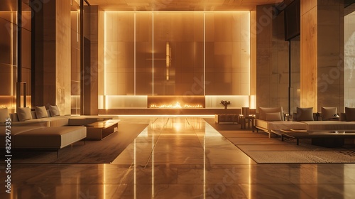 A wide-angle view of a deserted luxury lounge featuring er furniture and a modern fireplace casting soft light on the empty space