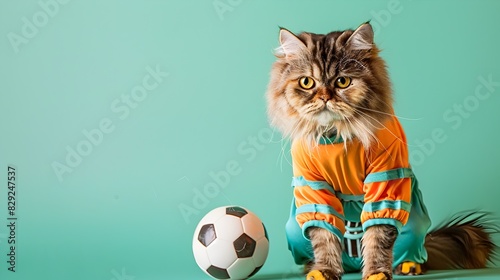 Persian Cat Donning Sports Clothes Plays Soccer Indoors