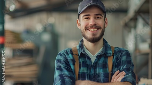 Confident Male Carpenter Working in Welcoming Workshop photo