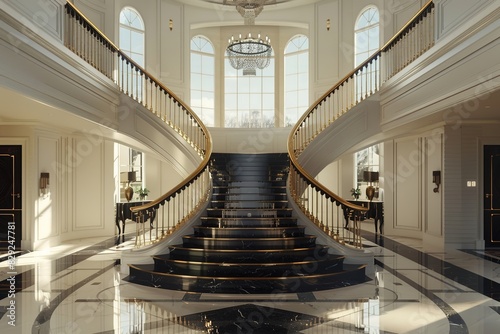 Elegant Art Deco style foyer with grand staircase and luxurious interior design