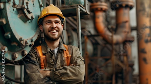 Confident Pipefitter Smiling in Industrial Workplace with Equipment and Machinery