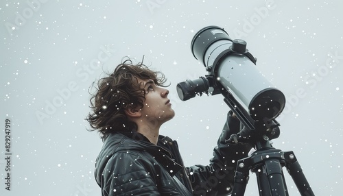 Young astronomer observing the night sky with a telescope during snowfall, capturing the beauty of a winter evening in nature. photo