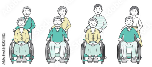 車椅子の高齢者を介助する人物のイラストセット