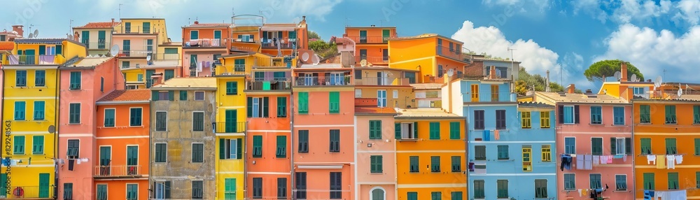 Colorful houses stacked closely together under a bright blue sky, creating a vibrant and picturesque urban landscape.