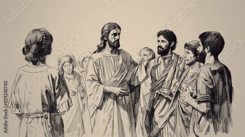 Tax Collector Levi (Matthew) Called by Jesus, People Whispering, Biblical Illustration, Beige Background, Copyspace