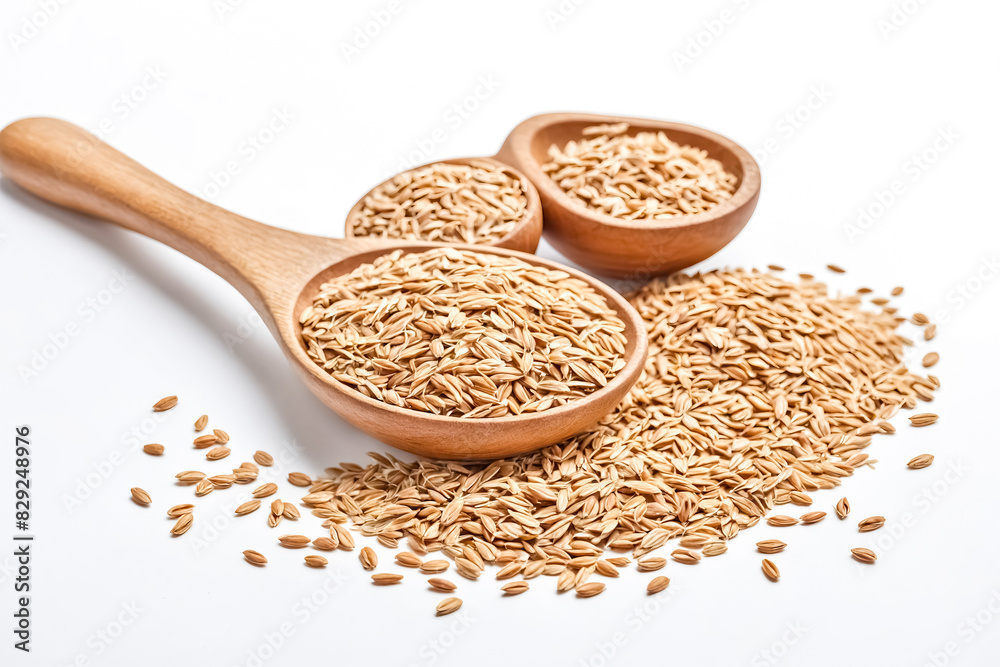 Organic Spelt Grain in Wooden Spoons and Bowl on White Background Organic Spelt Grain in Wooden Spoons and Bowl on White Background