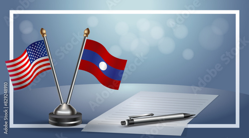 USA and Laos Small national flag on bokeh background, cooperative relationship