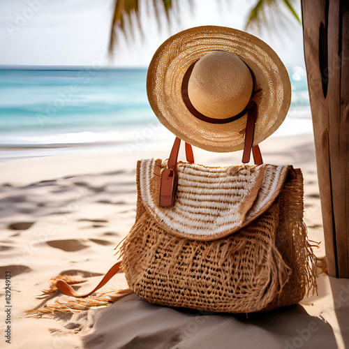 raffia bag on the beach with traw hat australia, carrying, elegance, fashionable, hat, horizontal, idyllic, lifestyles, photography, relaxation, vacations, sand, sunlight, towel,generate ai photo