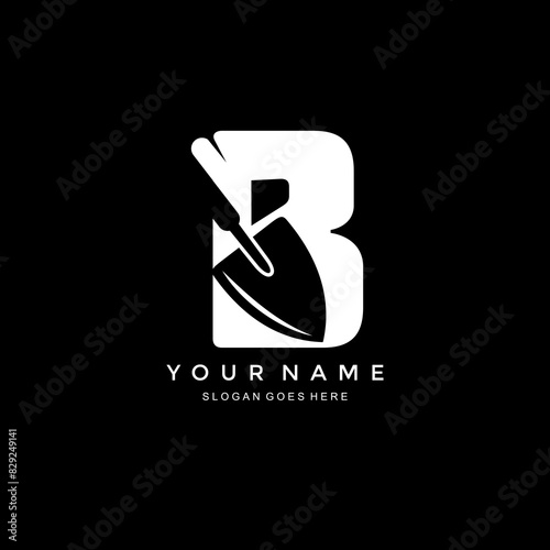 letter B and shovel logo.combination of letter B logo and carpentry shovel.design combination logo with negative space concept