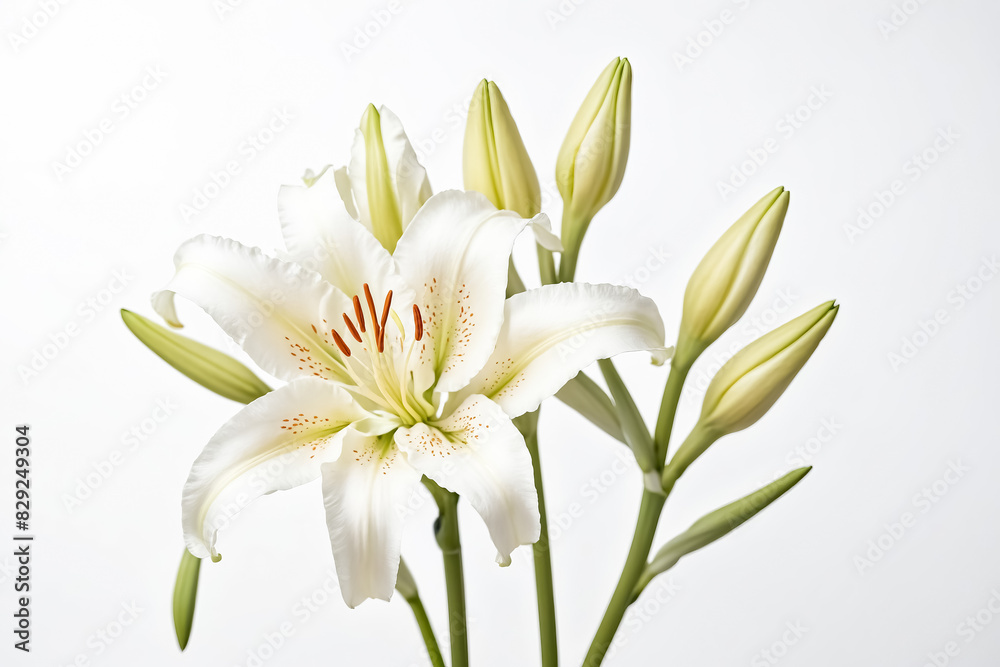 White Lily Flower with Buds Isolated on White Background White Lily Flower with Buds Isolated on White Background