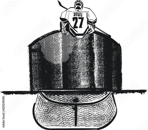 hockey goalie stands on the goal protecting them at the match
