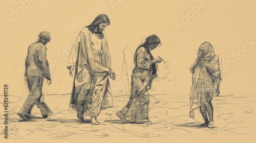 Accusers Walking Away as Jesus Writes in Dust, Woman Caught in Adultery, Biblical Illustration, Beige Background, Copyspace © T Studio