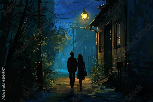 Couple walking down a street at night