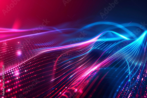 Bold shades of crimson and blue in a dynamic particle line wave, full of vitality.