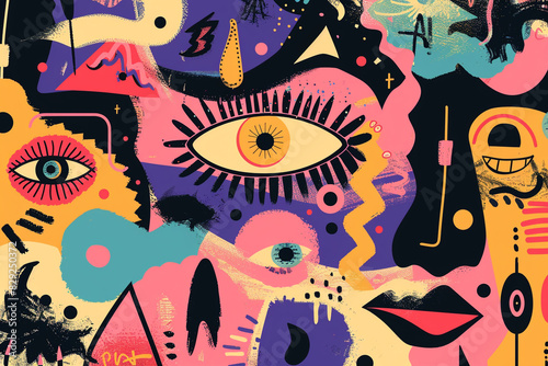 Quirky shapes and psychedelic colors in a vibrant abstract pop style design.