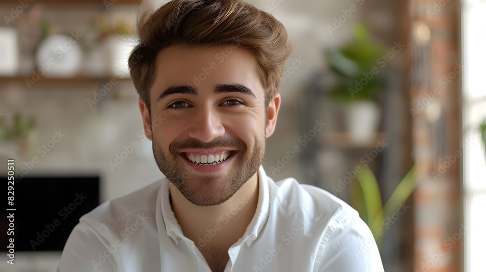 Confident Young Businessman Smiling Happily in Office Environment Confident Young Businessman Smiling Happily in Office Environment