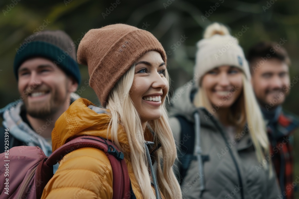 Group of happy friends with backpacks walking in the park and smiling Group of happy friends with backpacks walking in the park and smiling