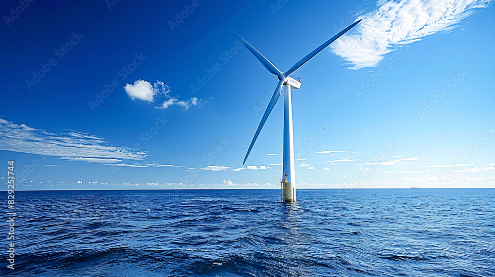 Single Offshore Wind Turbine Against Clear Blue Sky