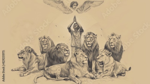 Biblical Illustration of Daniel in Lion's Den with Calm Lions and Angel, Beige Background, Copyspace