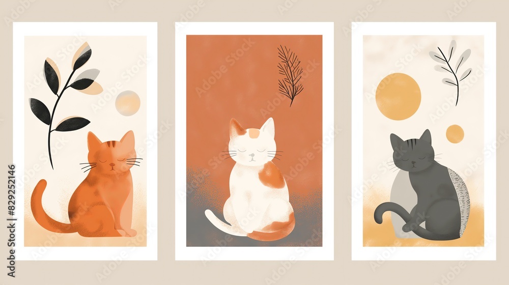 Fototapeta three joyful cat wall art boho style, three wall art frame with boho abstract art illustration collection set, home decor minimal mock up idea