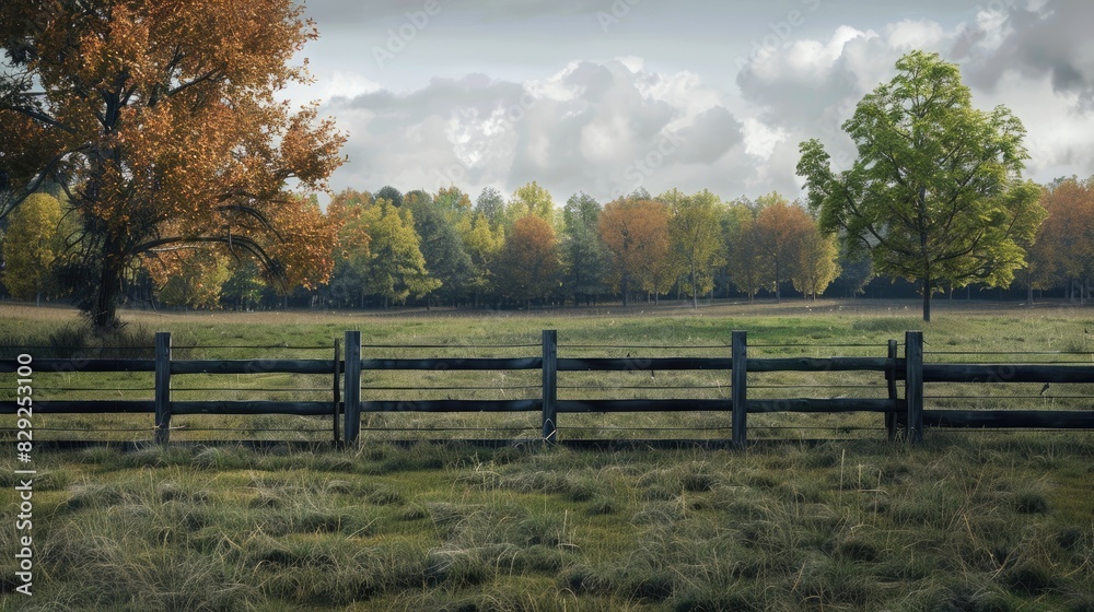 A fenced field with trees in the background A fenced field with trees in the background
