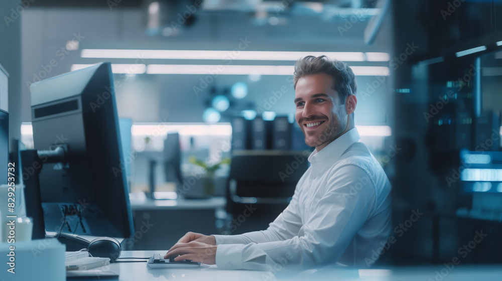 A young handsome successful man is sitting at a table in front of a computer monitor. He's smiling and he's happy. The man conducts correspondence A young handsome successful man is sitting at a table in front of a computer monitor. He's smiling and he's happy. The man conducts correspondence