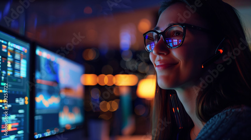 A young woman with glasses monitors the graphs on her computer, she smiles while looking at a computer screen with several monitors. She's wearing headphones