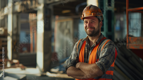 A candid portrait of a happy, successful, confident, positive foreman at a construction site. The man is on the construction site wearing an orange hard hat and an orange vest photo